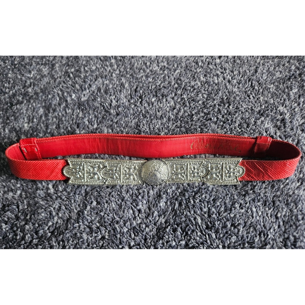 Alexis Kirk Statement Belt Red Snake Embossed Leather Silver Ornate Buckle VTG